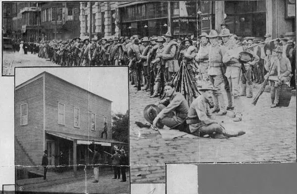 Members of the Georgia State Militia halted on Marietta Street near Peachtree Street.