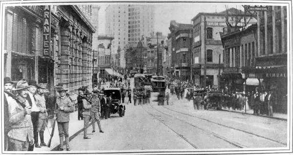 Georgia State militia on Peachtree Street just south of Five Points, in the aftermath of the massacre.