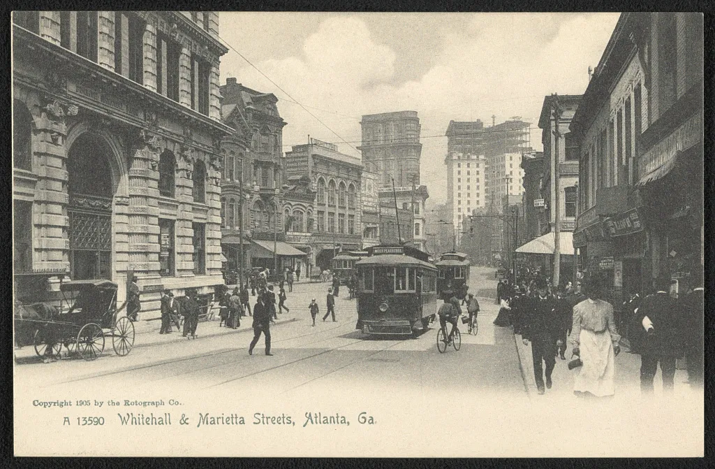 Whitehall and Marietta Streets, Atlanta, 1905. Streetcars, carriages and crowds.